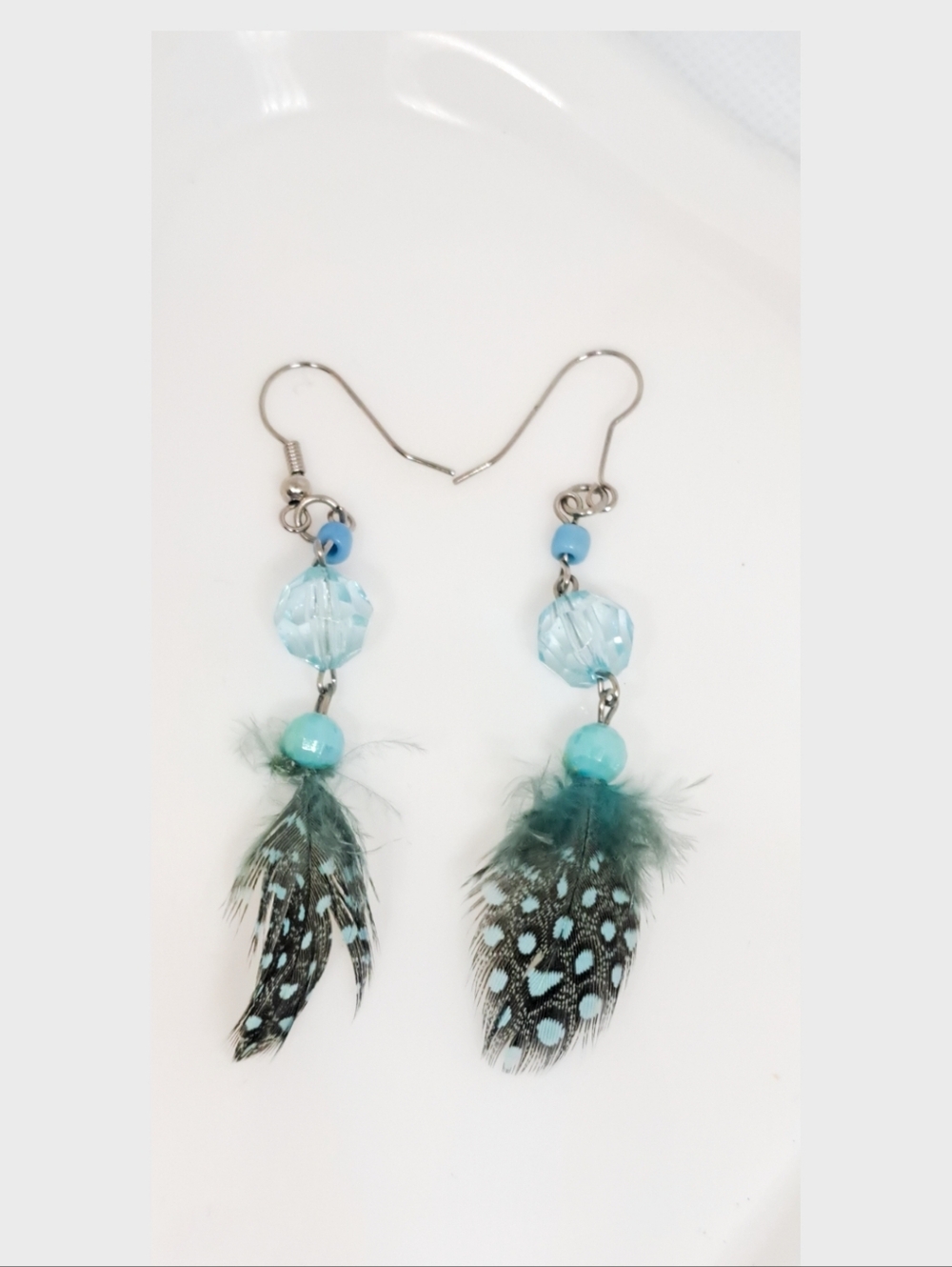 Turquoise Feather Drop Earrings Beaded Indigenous Boho Native Bohemian Hippie